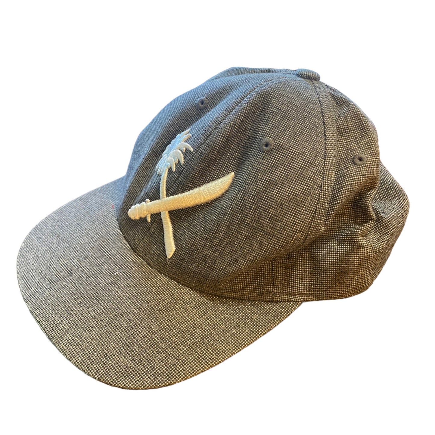 Side of Textured cap with a logo on a white background