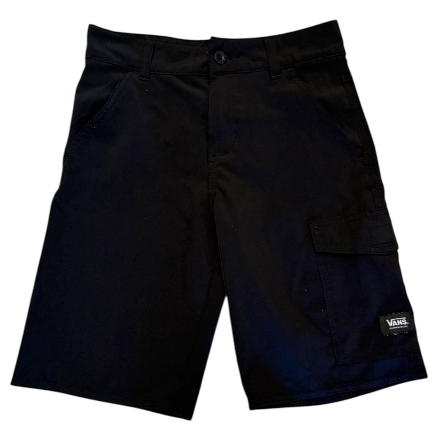 Front of Black shorts with a Vans label on a white background