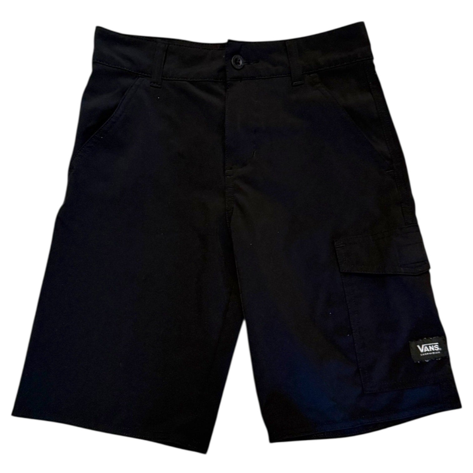 Front of Black shorts with a Vans label on a white background