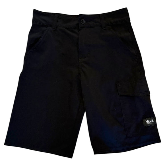 Front of Black shorts with a Vans label on a white background