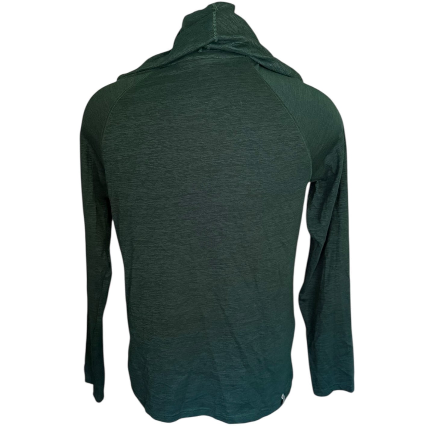 Back of green long-sleeve shirt with hood up on a white background