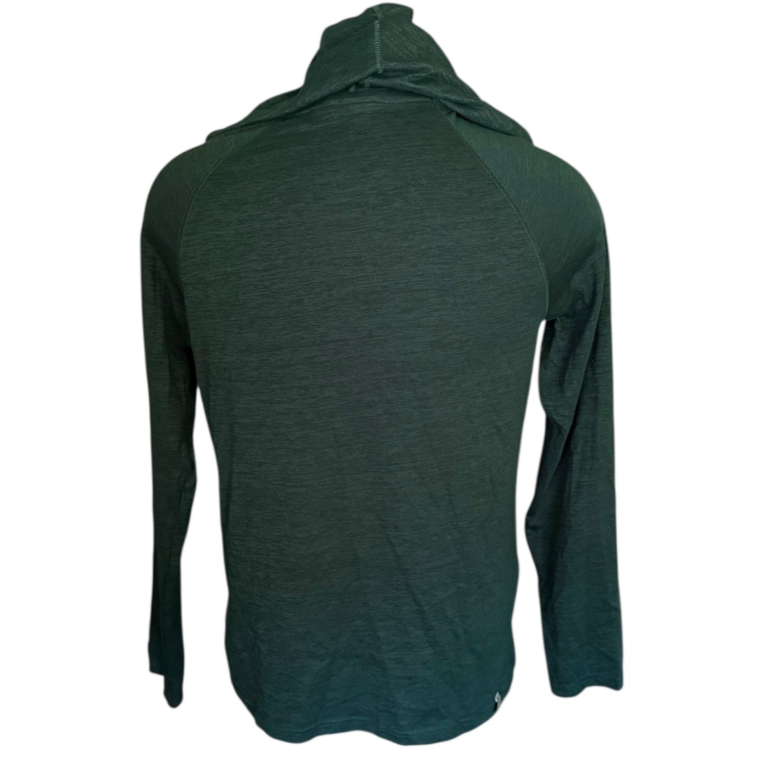 Back of green long-sleeve shirt with hood up on a white background
