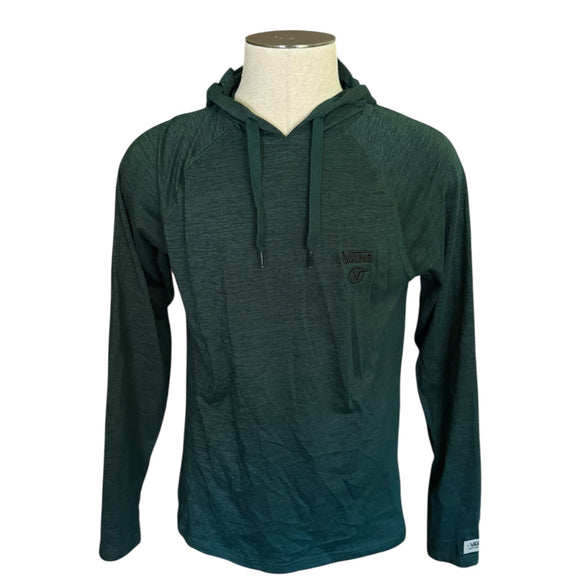 Front of green hoodie on a mannequin against a white background