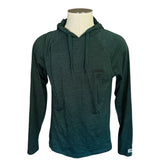 Front of green hoodie on a mannequin against a white background