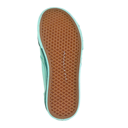 Close-up of a shoe sole with brown rubber outsole and green uppers on a white background
