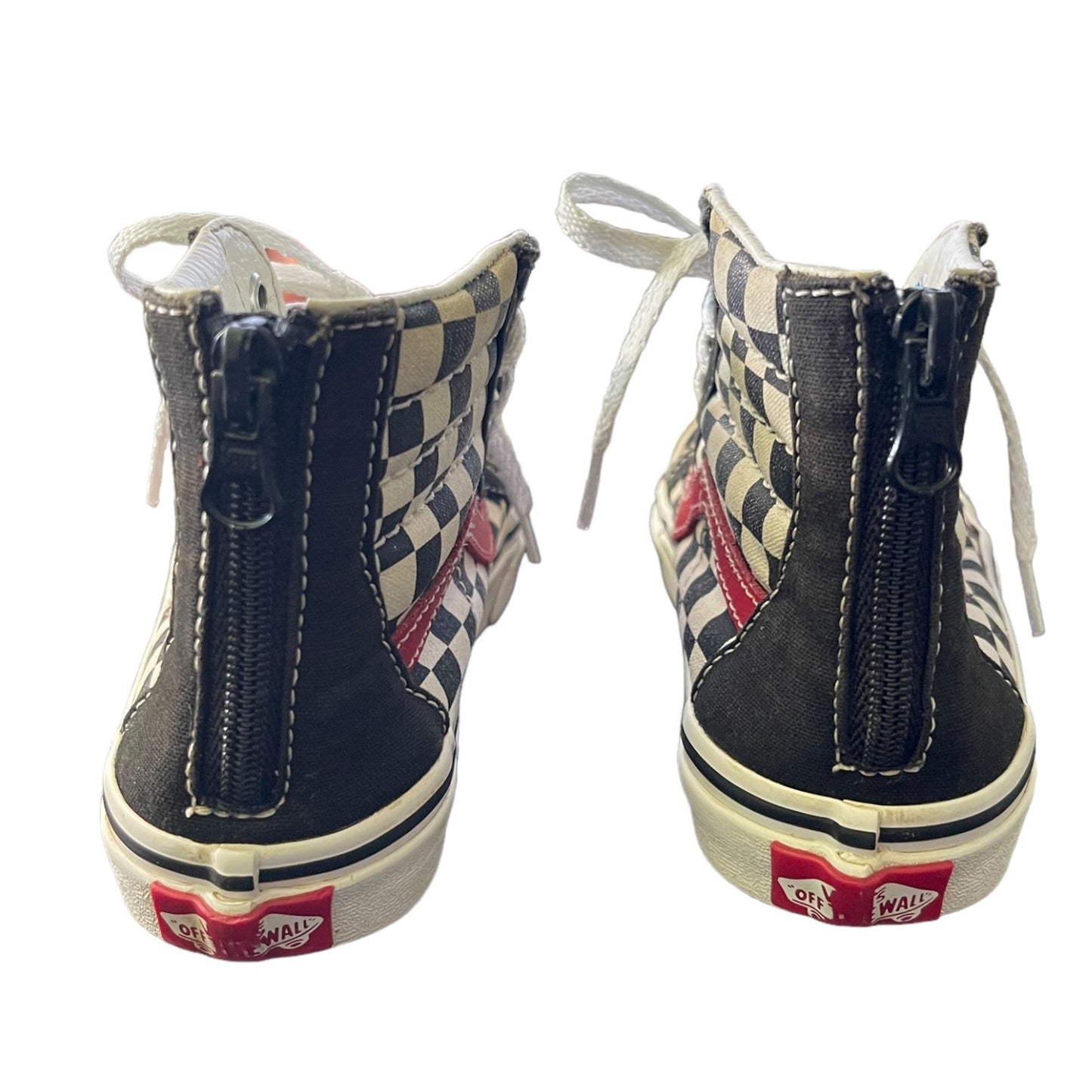Back of Pair of checkered high-top sneakers with zippers on a white background