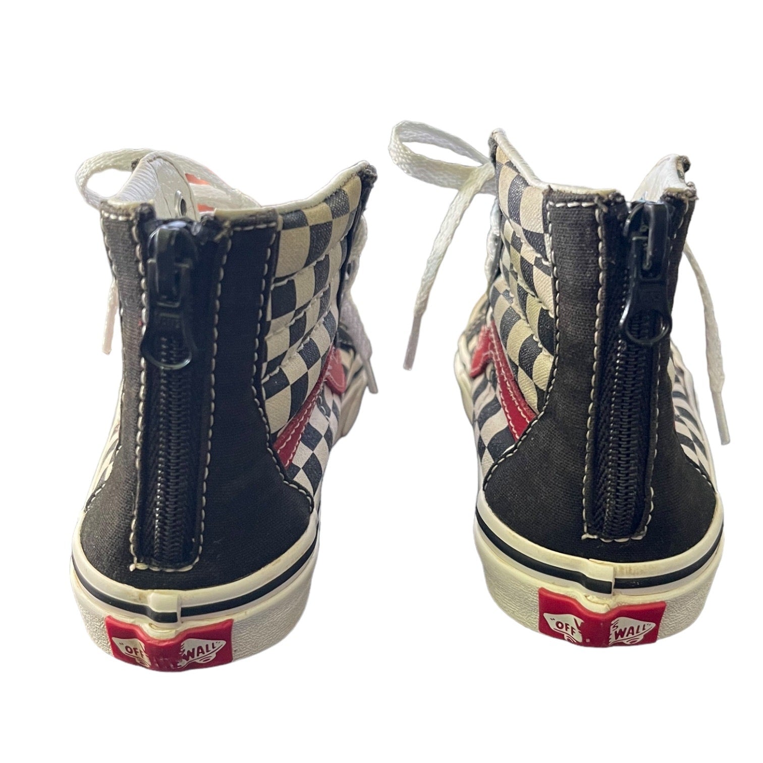 Back of Pair of checkered high-top sneakers with zippers on a white background