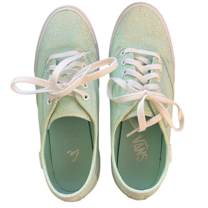 Top view of a Pair of light green sneakers with white laces on a white background
