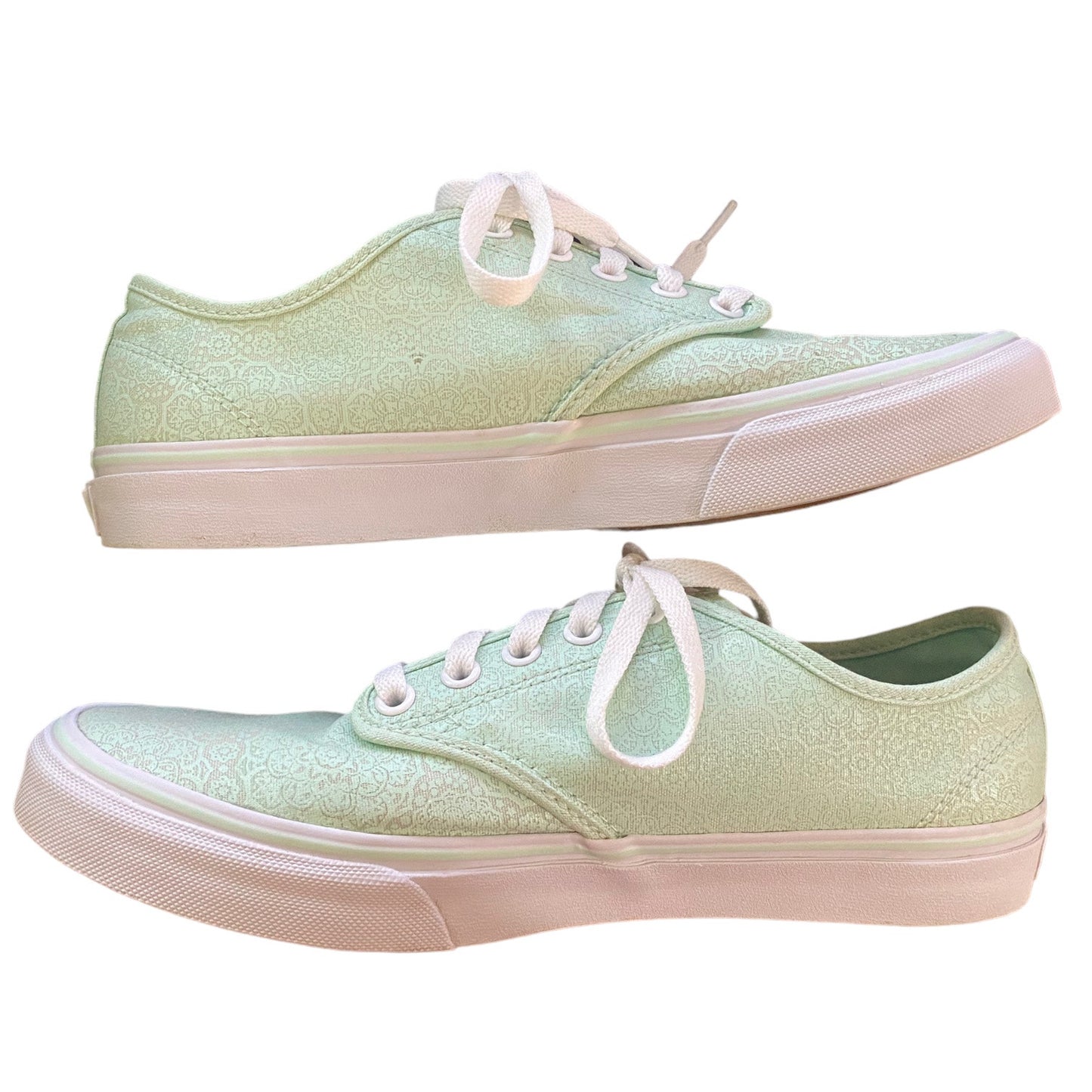 Side view of a Pair of light green sneakers with white laces on a white background