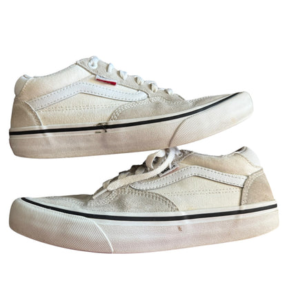 Side of white sneakers on their side with black marks on a white background