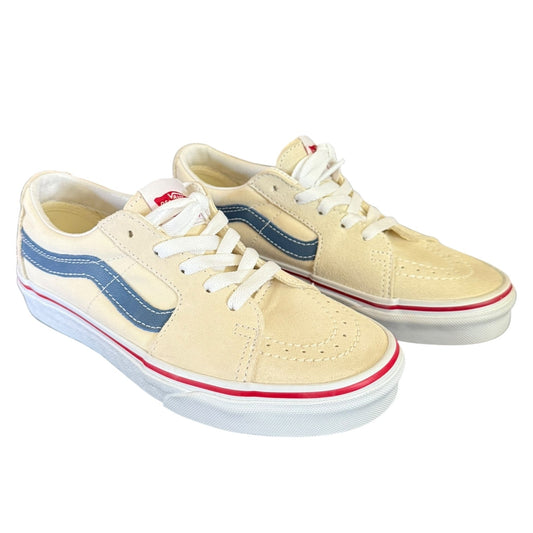 Pair of cream sneakers with blue and pink accents on a white background