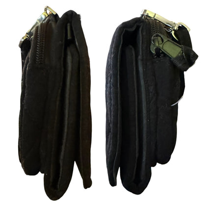 Side views of black quilted purse on a white background. 