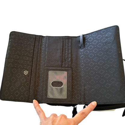 Black purse shown being held open with 2 fingers showing pockets on a white background. 