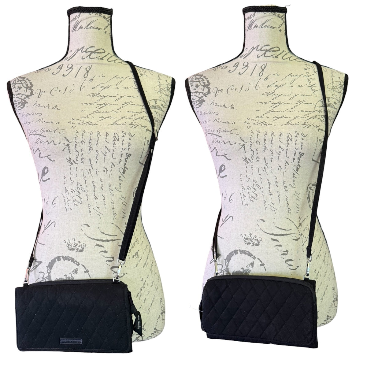 Front and back view of a black quilted crossbody on a mannequin on a white background. 
