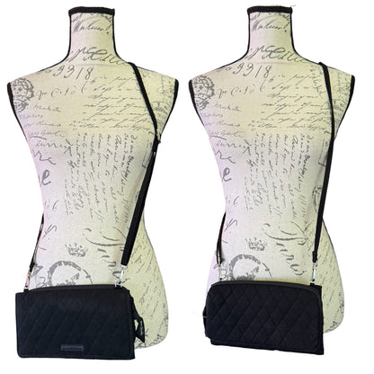 Front and back view of a black quilted crossbody on a mannequin on a white background. 
