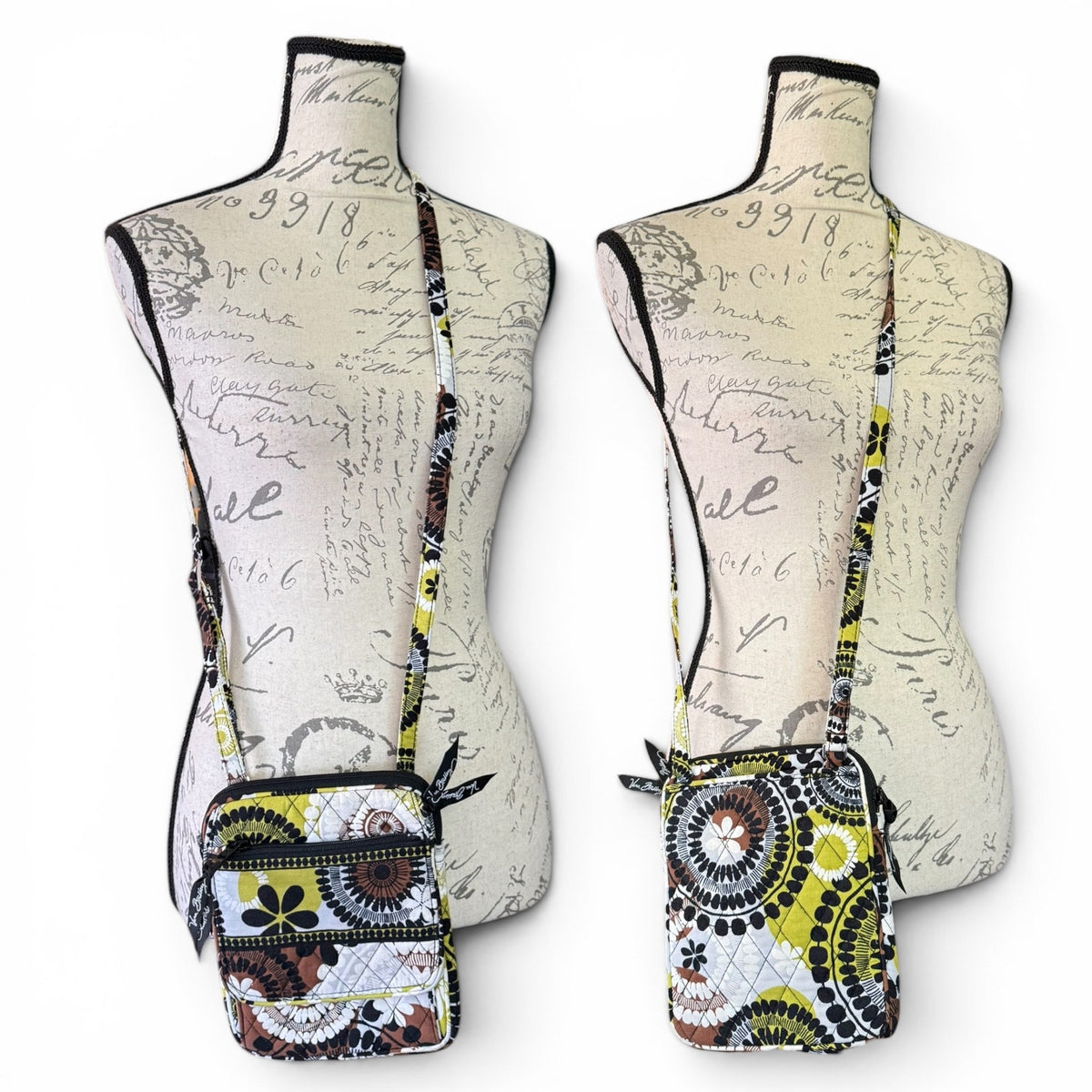 Front and back of patterned crossbody bag on mannequin busts with a decorative background