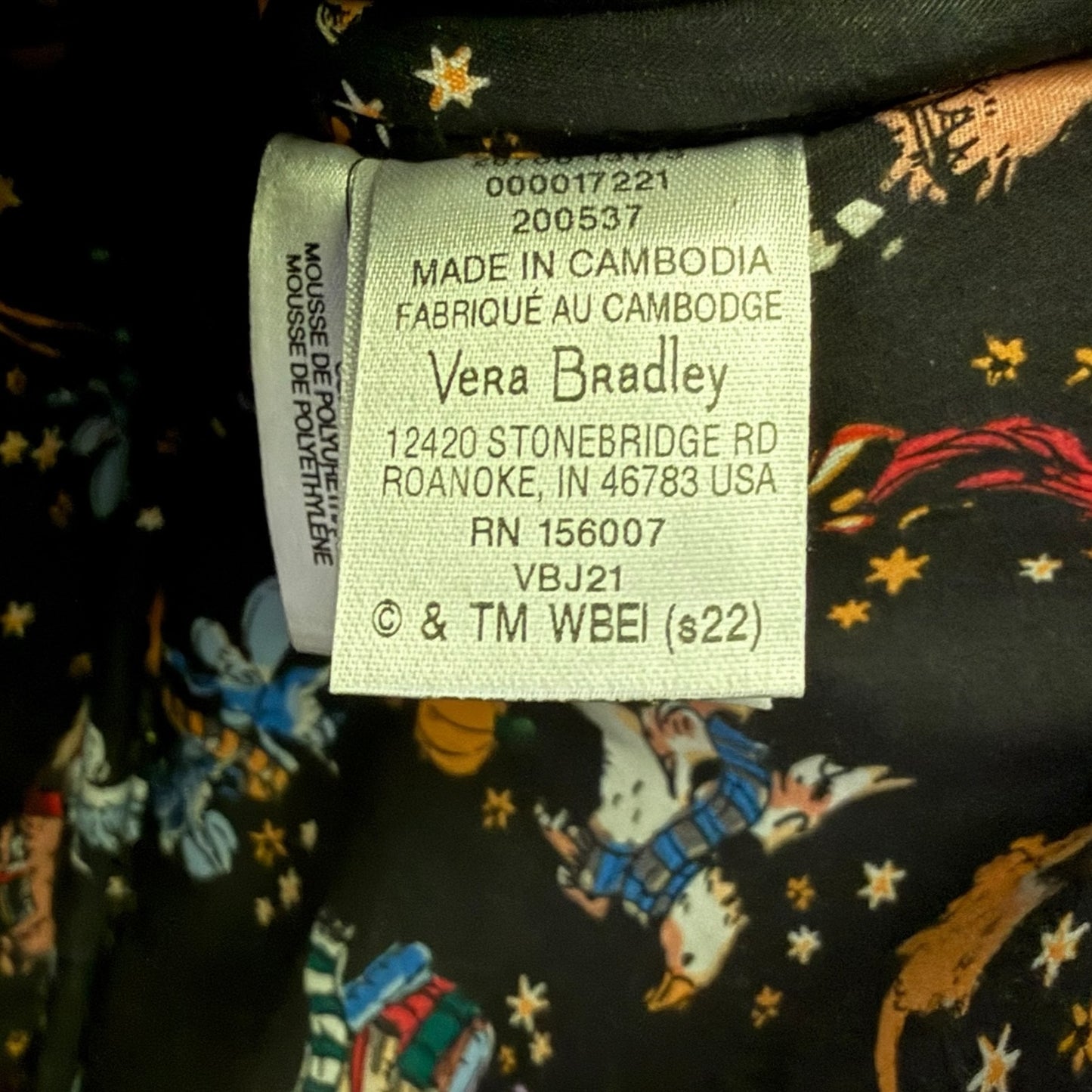 Vera Bradley label on a product with a colorful pattern