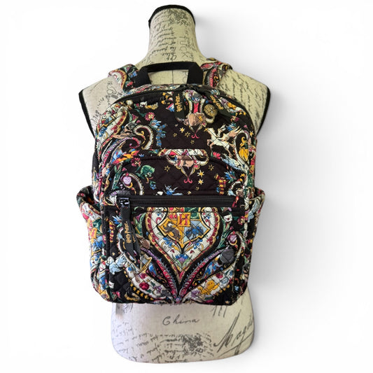 Colorful Harry Potter Hogwarts backpack on a mannequin with a white background