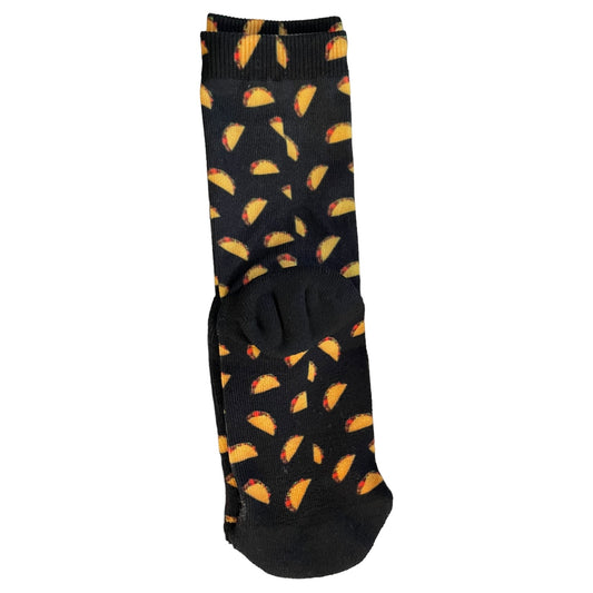 Back of Black sock with taco pattern on a white background