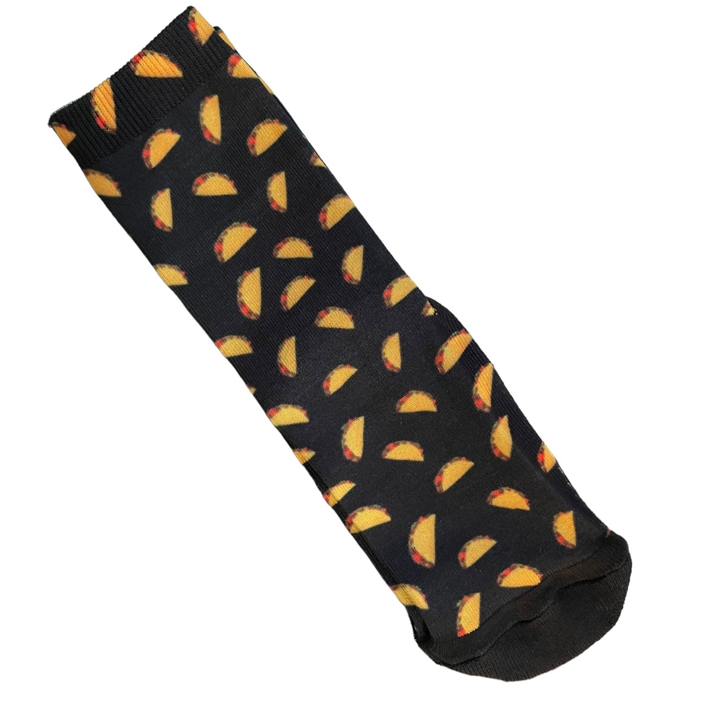 Front of Black sock with yellow taco pattern on a white background