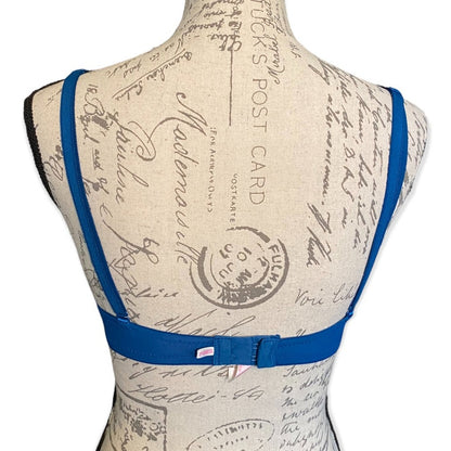 Back of Blue bra on a mannequin with a vintage-style postcard design background