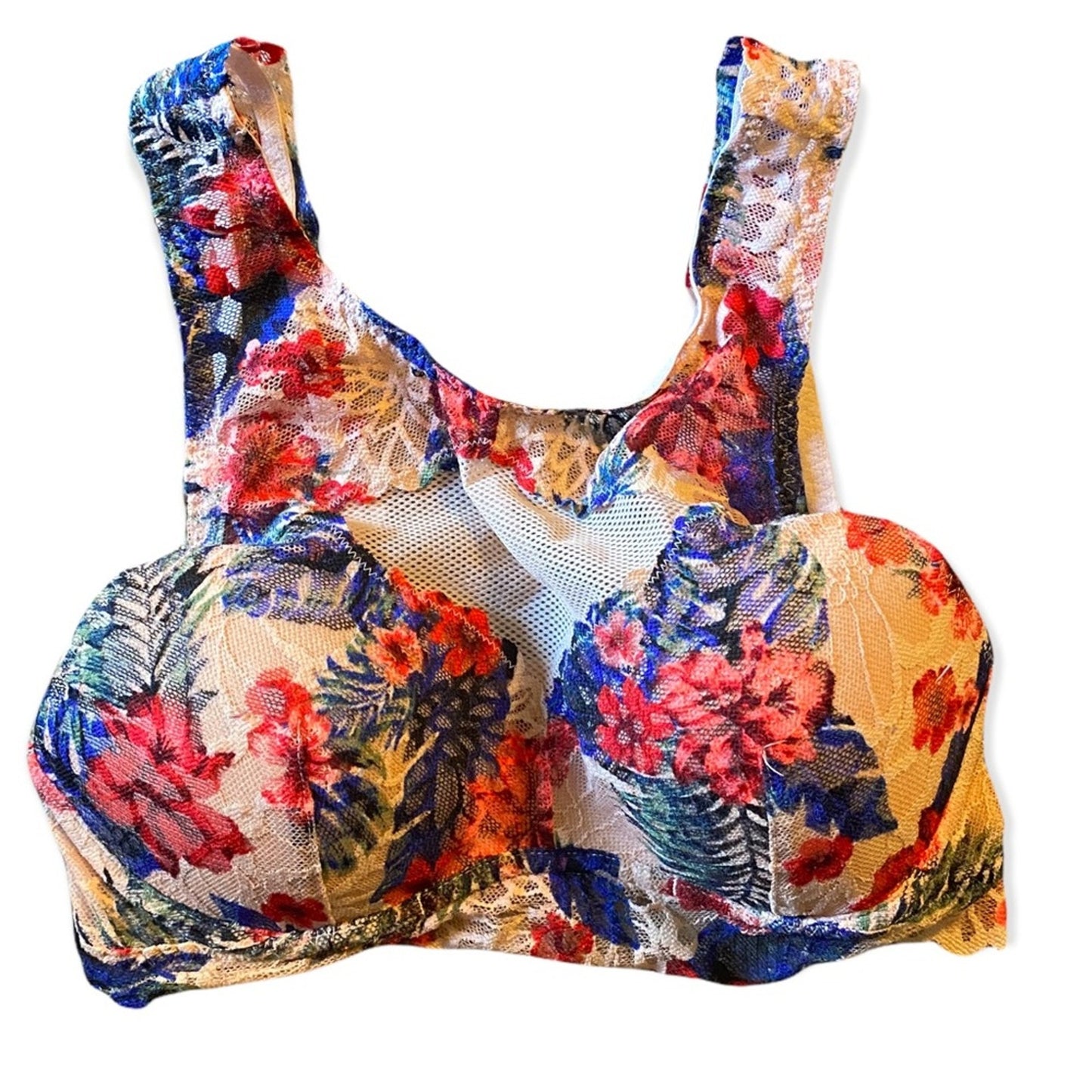 Multicolored floral bralette on a white background