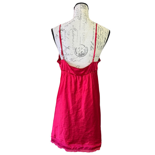 A red slip dress displayed on a white dress form mannequin against a plain white background.