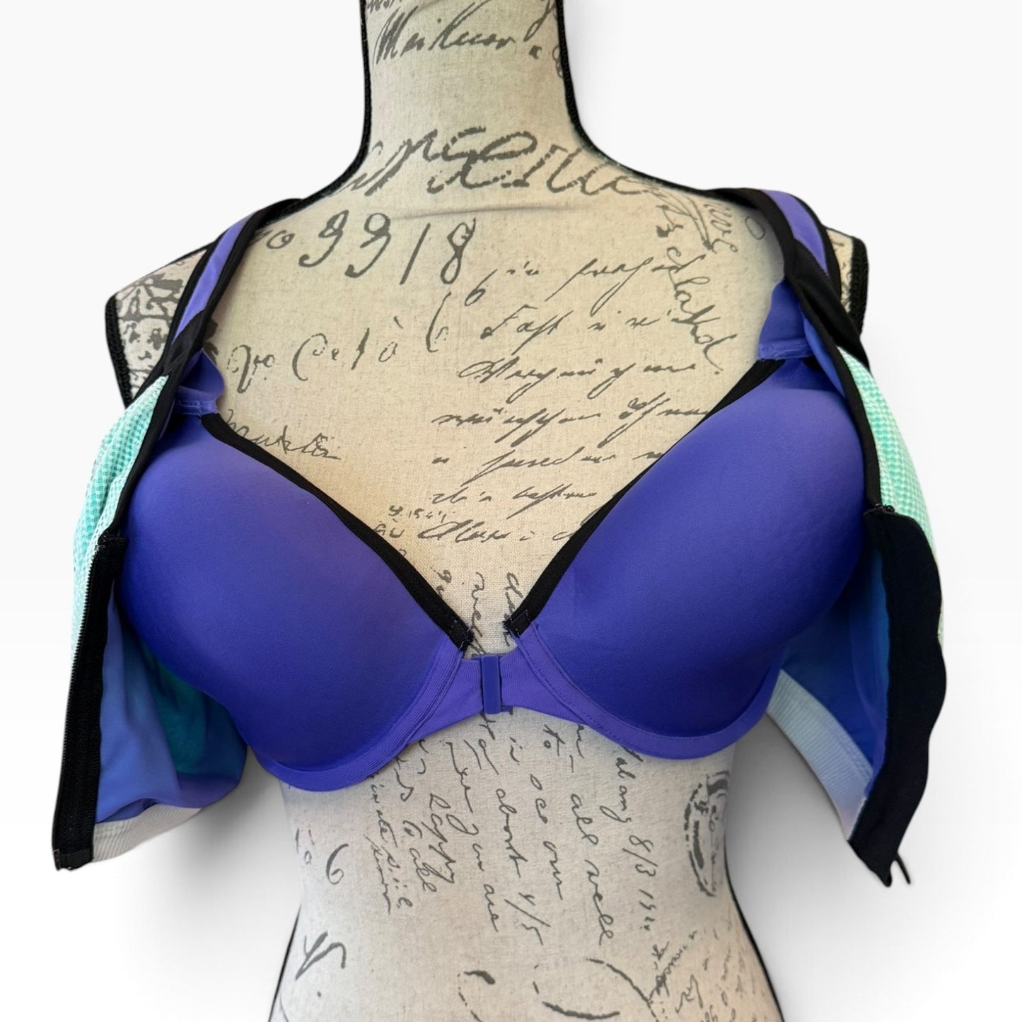 Interior of sports bra, purple with front closure