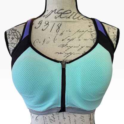 A women's mesh zip-front sports bra in blue, puple and black, displayed on a vintage-style mannequin torso with cursive writing.