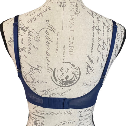 Mannequin wearing a blue bra on a white background with text design