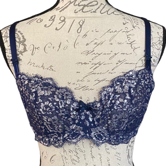 Blue lace bra on a mannequin with a script background