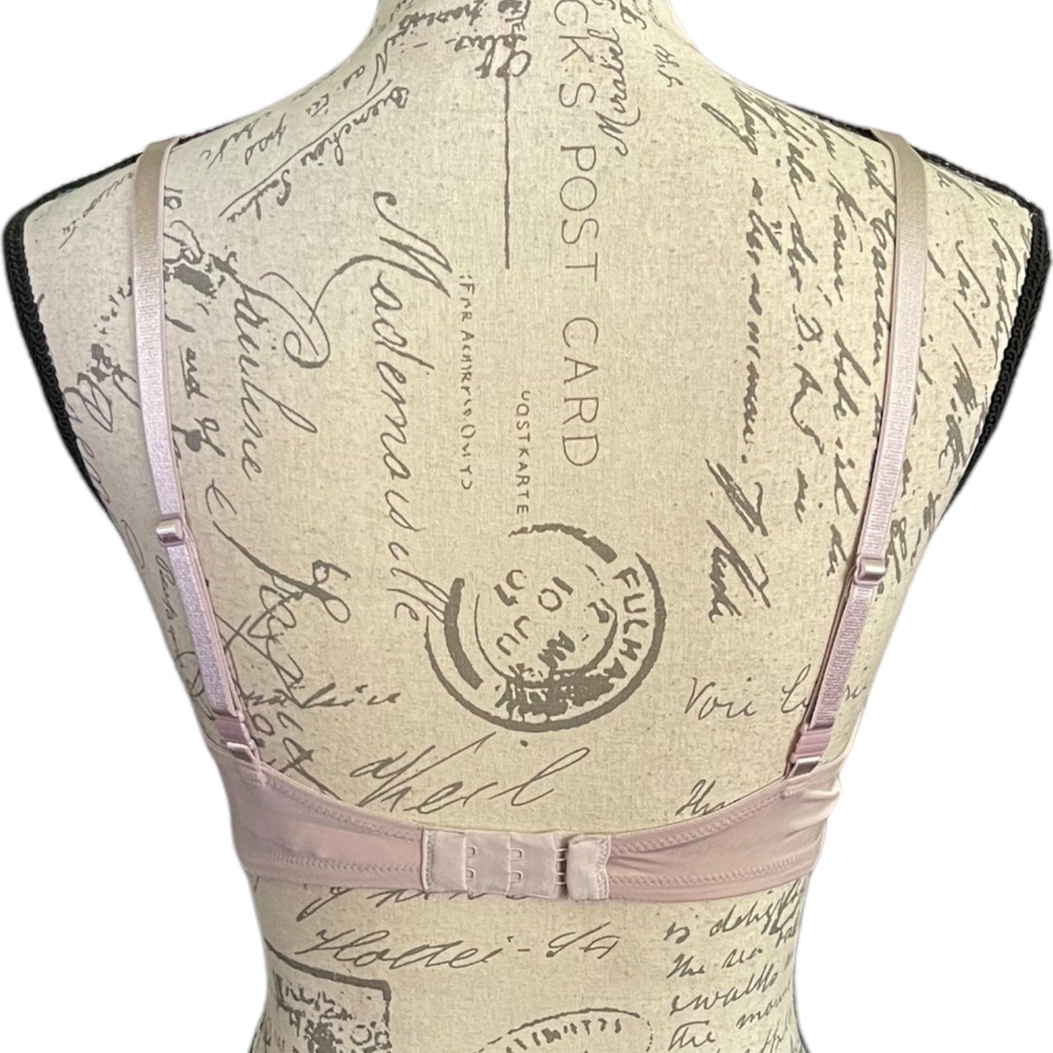 Mannequin wearing a light pink bra with vintage postcard design on a white background