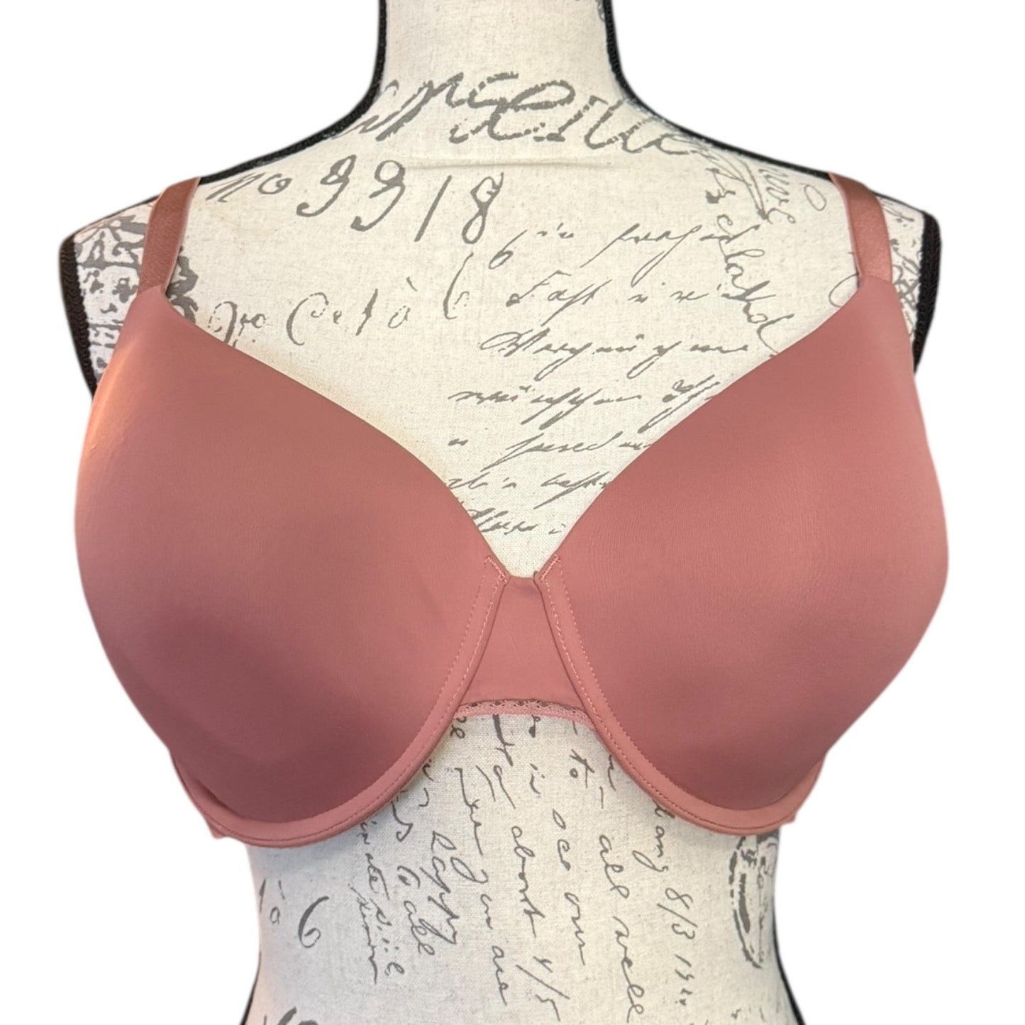 Front of Pink bra on a mannequin with a script background