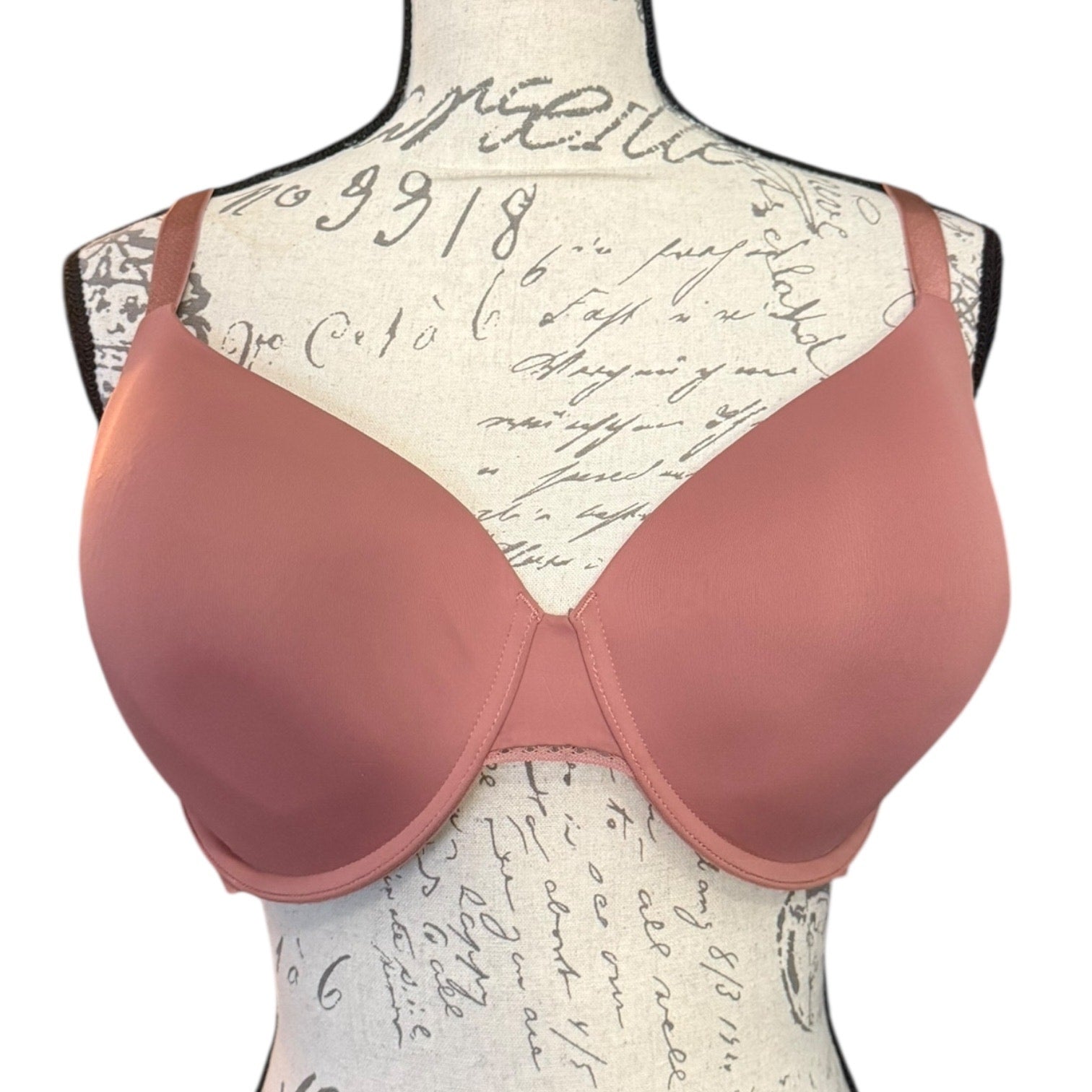 Front of Pink bra on a mannequin with a script background
