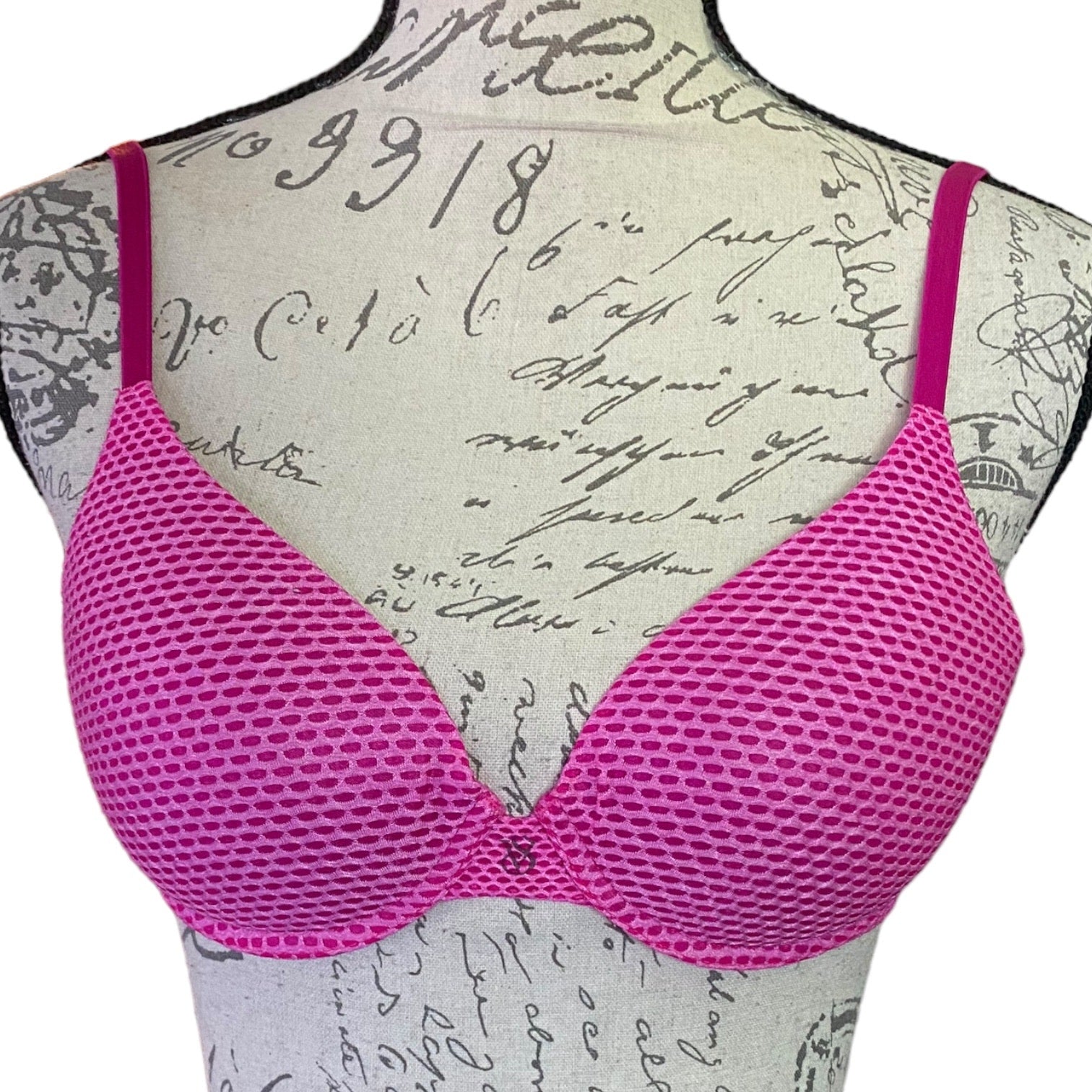 Front of Pink bra on a mannequin with a script background