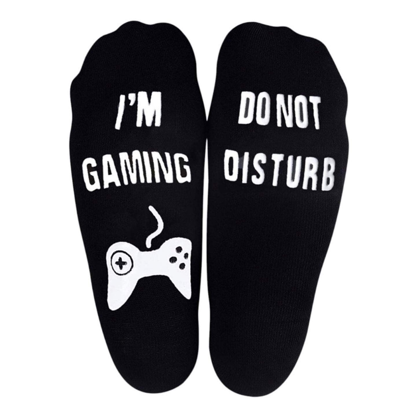 Bottom of black socks with white print on a shite background