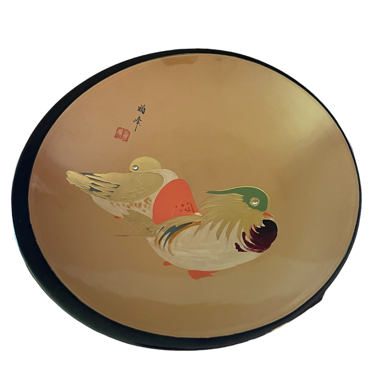 Large bowl with a glossy beige interior featuring a traditional Japanese-style painting of two ducks, one with a green head and the other with a red chest, framed by a black rim.