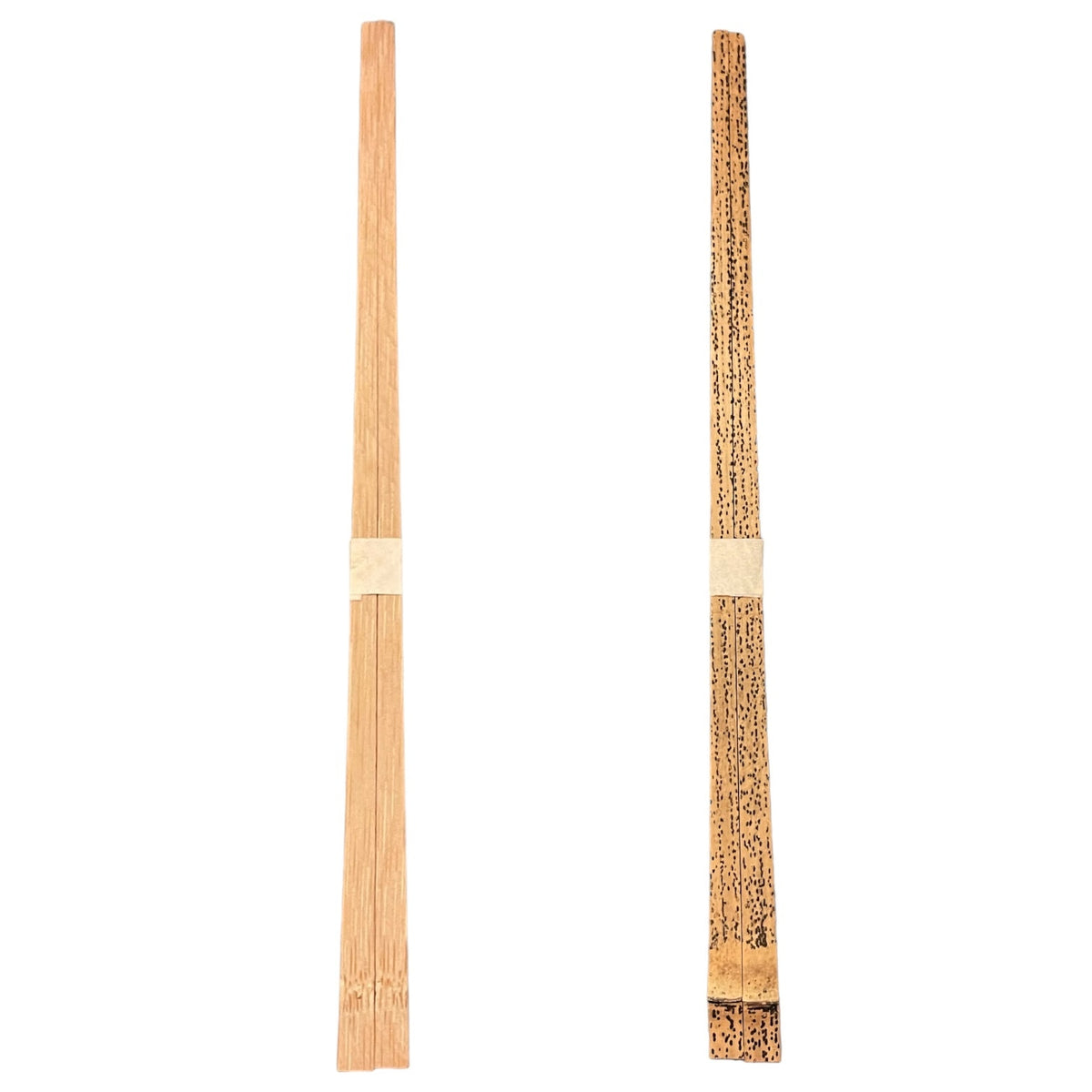 Two wooden chopsticks shown vertically on a plain white background, one plain light wood and one with a dark textured pattern and a light band near the top.