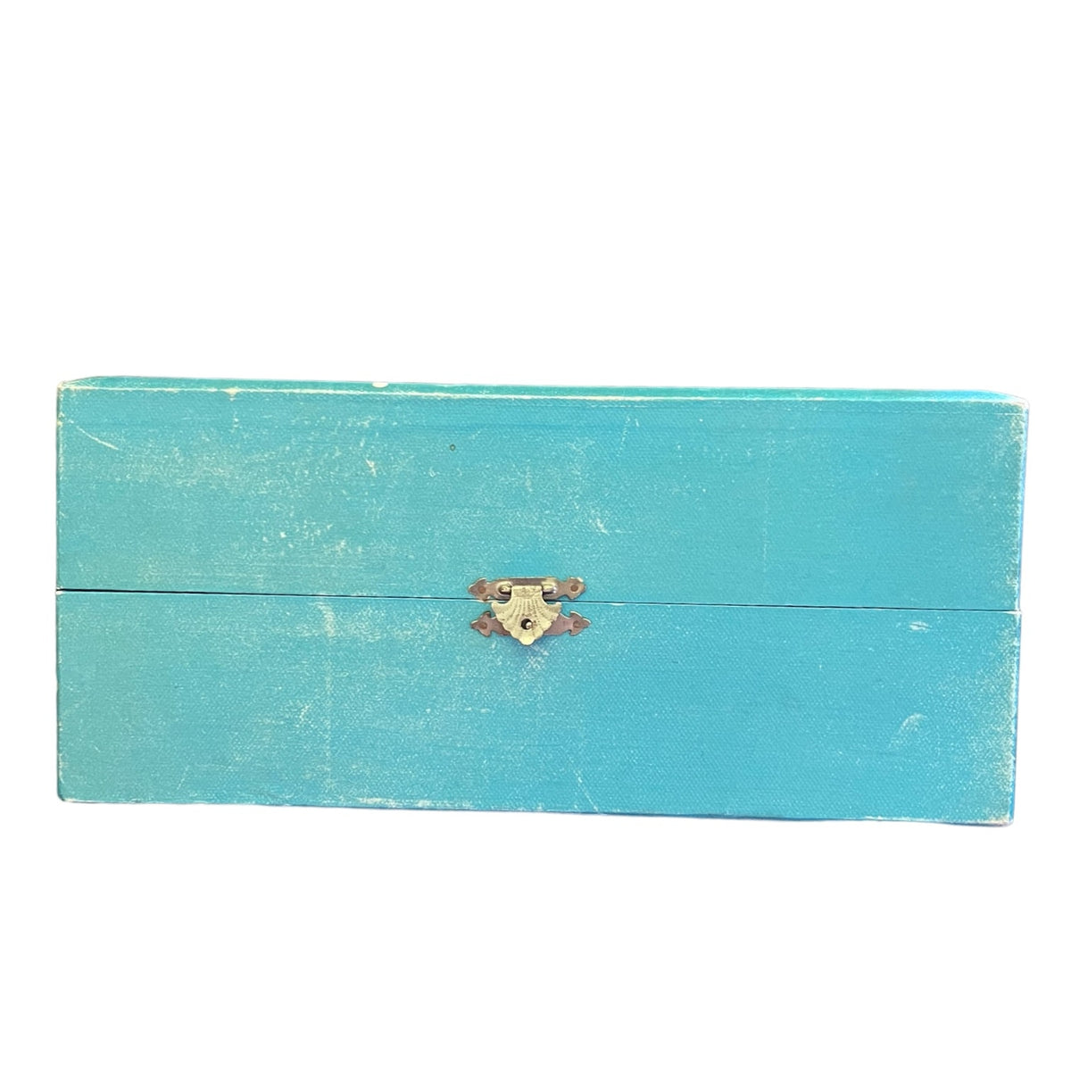 A turquoise wooden box with a distressed finish and a small metal latch closure on the front, shown against a plain white background.