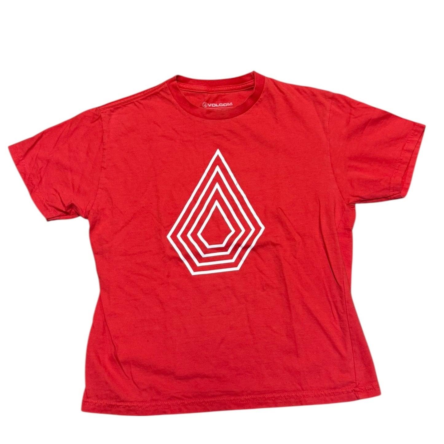Red t-shirt with a white geometric Volcom logo on a white background