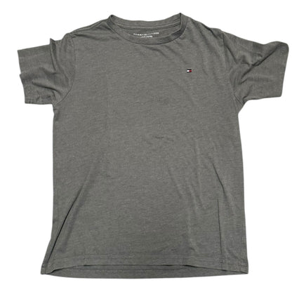 Gray t-shirt with a small logo on a white background