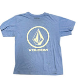 Blue t-shirt with white Volcom logo on a white background