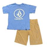 Blue Volcom t-shirt and shorts on a white background