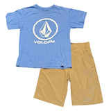 Blue Volcom t-shirt and khaki shorts on a white background