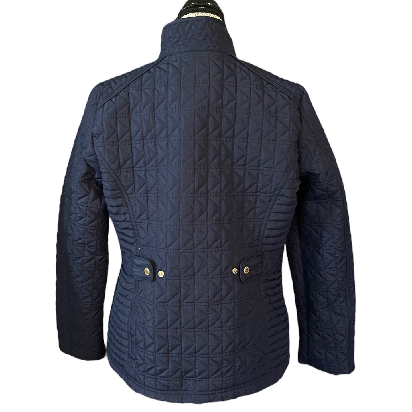 Back of Navy quilted jacket on a white background