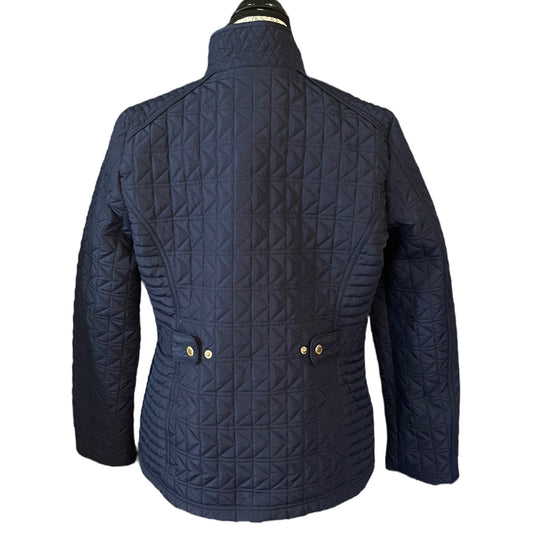 Back of Navy quilted jacket on a white background