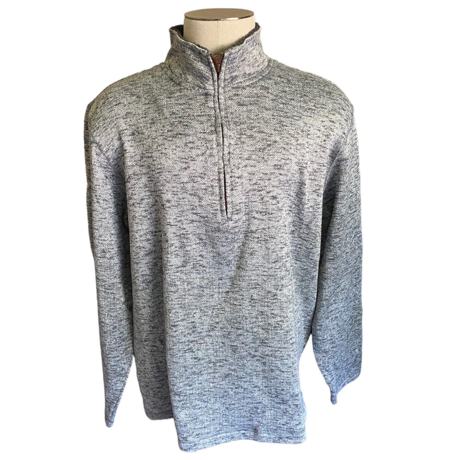 Front of Gray pullover on a mannequin against a white background