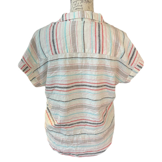 A short-sleeve striped button-up shirt displayed on a dress form mannequin against a plain white background.