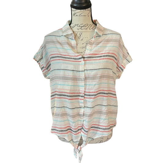 A short-sleeve collared button-up shirt with horizontal stripes in beige, gray, light blue, and coral pink, displayed on a dress form mannequin against a white background.
