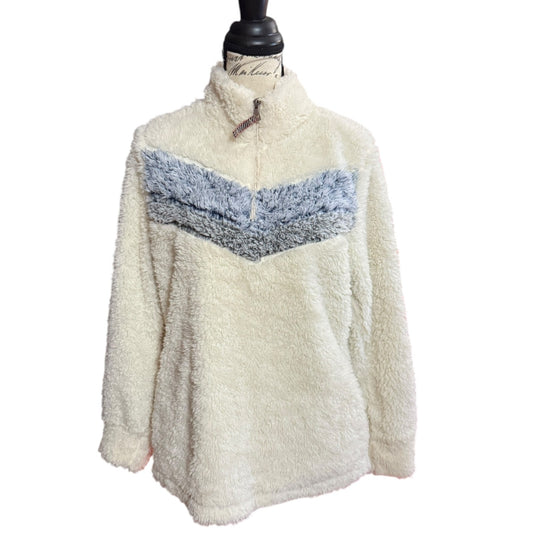 White fleece pullover with blue stripe on a mannequin against a white background